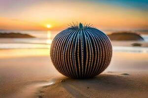 un cactus en el playa a puesta de sol. generado por ai foto
