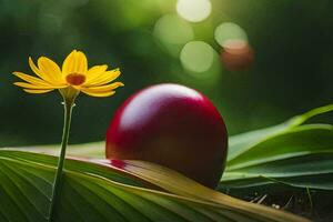 a red egg and a yellow flower sit on the grass. AI-Generated photo