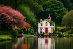 a house on the water with a boat in the middle. AI-Generated photo