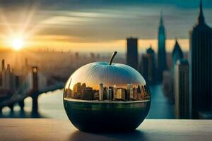 un manzana con un ciudad horizonte reflejado en él. generado por ai foto