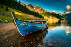 a blue boat sits on the shore of a lake. AI-Generated photo