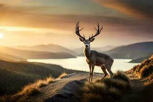 a deer stands on a hill overlooking a lake and mountains. AI-Generated photo