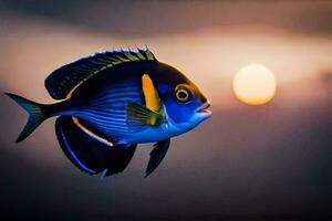 a blue and yellow fish with a sun in the background. AI-Generated photo