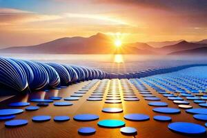 the sun is setting over a large field of blue circles. AI-Generated photo