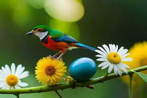 a colorful bird sits on a branch with a blue egg. AI-Generated photo