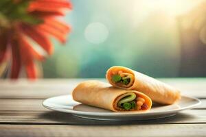 dos vegetal rollos en un plato con un flor en el antecedentes. generado por ai foto