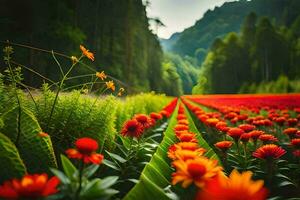 a field of red and orange flowers in the middle of a forest. AI-Generated photo