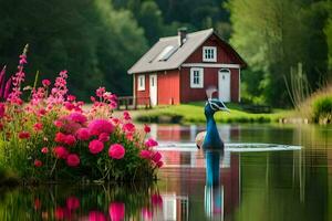 un rojo casa y un Pato en el agua. generado por ai foto