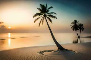 un palma árbol en un playa a puesta de sol. generado por ai foto