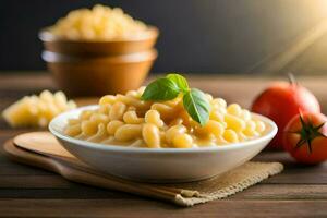 macaroni in a bowl with tomatoes and basil. AI-Generated photo