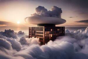 a building surrounded by clouds and a large building. AI-Generated photo