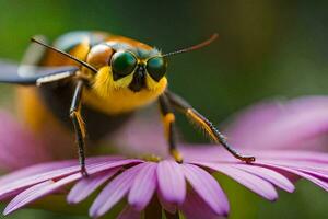 un cerca arriba de un abeja en un flor. generado por ai foto