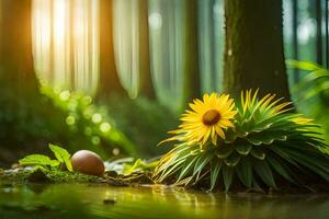 a flower and an egg in the forest. AI-Generated photo