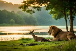 a lion and a deer are sitting on the grass by the water. AI-Generated photo