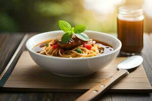 a bowl of noodles with meat and sauce on a wooden table. AI-Generated photo