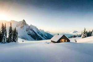 a cabin in the snow with mountains in the background. AI-Generated photo