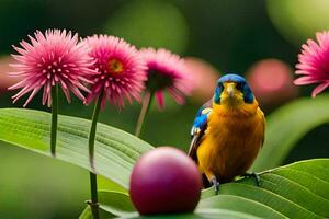 a colorful bird sits on a leaf with pink flowers. AI-Generated photo