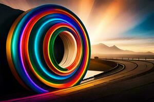 un vistoso rueda con un arco iris en el medio. generado por ai foto