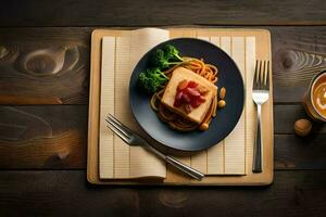 a plate with pasta and tofu on a wooden table. AI-Generated photo