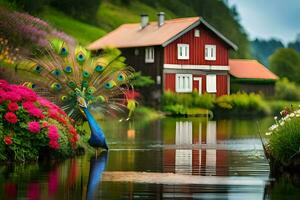 un pavo real soportes en frente de un casa con flores generado por ai foto