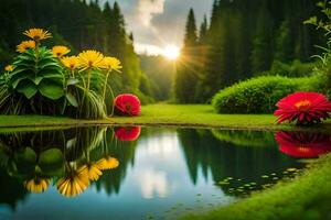 sunset in the forest with flowers and water. AI-Generated photo