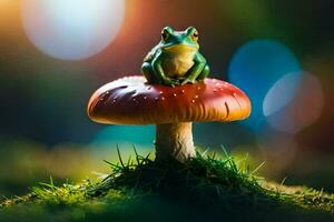 a frog sits on top of a red mushroom. AI-Generated photo