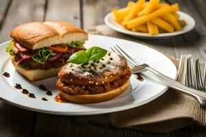 a plate with a burger and fries on it. AI-Generated photo