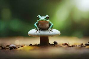 a frog sits on top of a mushroom in the forest. AI-Generated photo