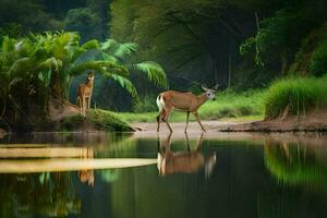 two deer standing in the water near a river. AI-Generated photo