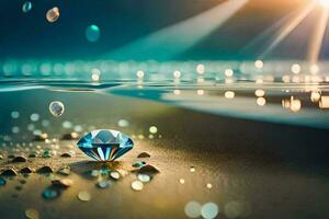 a diamond is sitting on the beach with water and bubbles. AI-Generated photo