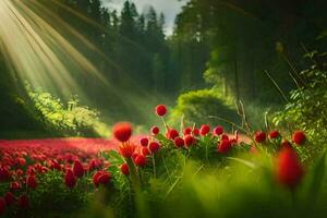 rojo tulipanes en el bosque con rayos de sol brillante a través de. generado por ai foto