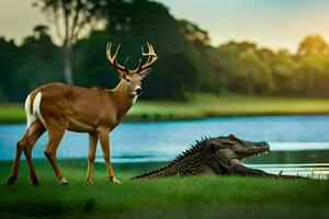 a deer and an alligator in the grass. AI-Generated photo