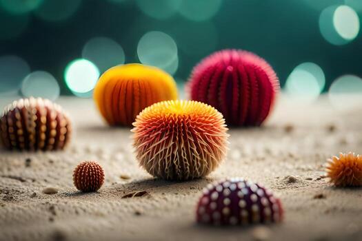 un grupo de vistoso puntiagudo pelotas en el arena. generado por ai foto