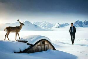 un hombre en un traje en pie siguiente a un ciervo en el nieve. generado por ai foto