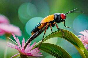 un grande insecto con negro y rojo marcas en sus atrás. generado por ai foto