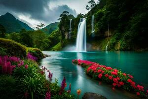 hermosa cascada en el selva con flores y agua. generado por ai foto