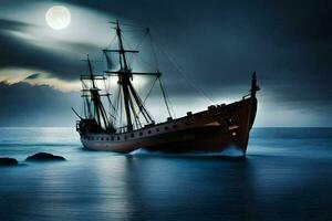 a ship in the ocean at night with a full moon. AI-Generated photo