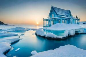 un casa hecho de hielo flotadores en el agua. generado por ai foto