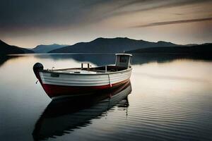 a boat sits on the water at sunset. AI-Generated photo