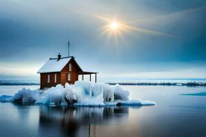 a small house on an iceberg in the middle of the ocean. AI-Generated photo