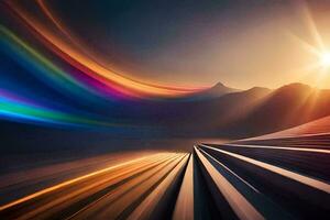 a colorful rainbow light is shining over a mountain range. AI-Generated photo