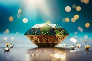 a diamond shaped object with gold and green gems. AI-Generated photo