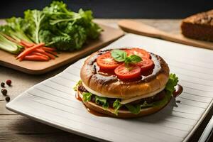 a hamburger with tomatoes and lettuce on a plate. AI-Generated photo