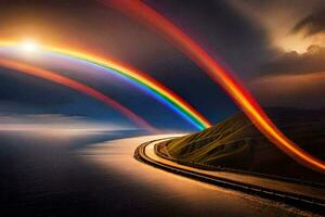 photo wallpaper the sky, road, rainbow, the sea, the road, the road, the. AI-Generated