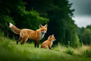 two foxes are standing in the grass. AI-Generated photo