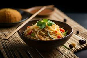 chinese fried rice in a bowl with chopsticks. AI-Generated photo
