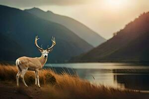 a deer stands in front of a lake with mountains in the background. AI-Generated photo