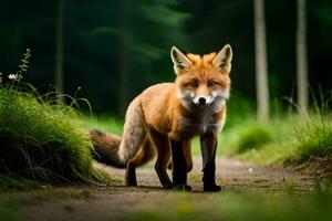 un rojo zorro es caminando a lo largo un camino en el bosque. generado por ai foto