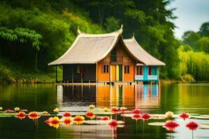 un pequeño casa se sienta en el agua con flores generado por ai foto
