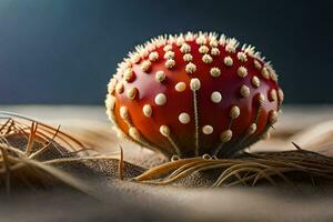 a red ball with spikes on it sitting on top of some grass. AI-Generated photo